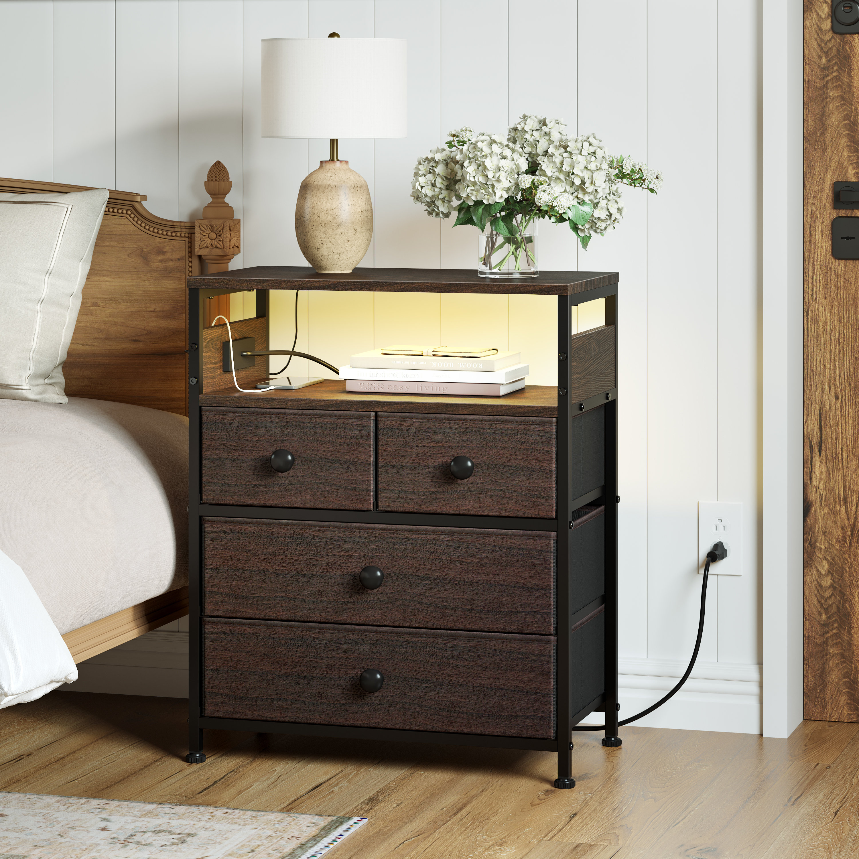 Winston Porter Milianna Nightstand with 4 Drawers & Outlet, Bedside Table  with LED Lights & 2-Tier wooden Shelf & Reviews | Wayfair